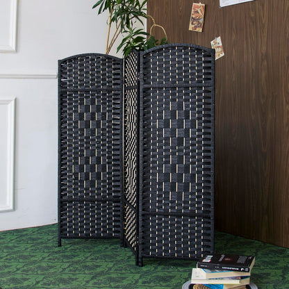 Furnnylane 3 Panel Black Rattan Divider Short Room Partition Screen,Double Sided Short Folding Divider for Room Separation,120 cm Tall