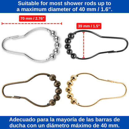 Shower Curtain Rings, 12 Pack, in Gold-Colour, Inner Diameter 2.7 x 1.5", for Shower Curtain Rods, sturdy metal shower rings, with Rolls to slide