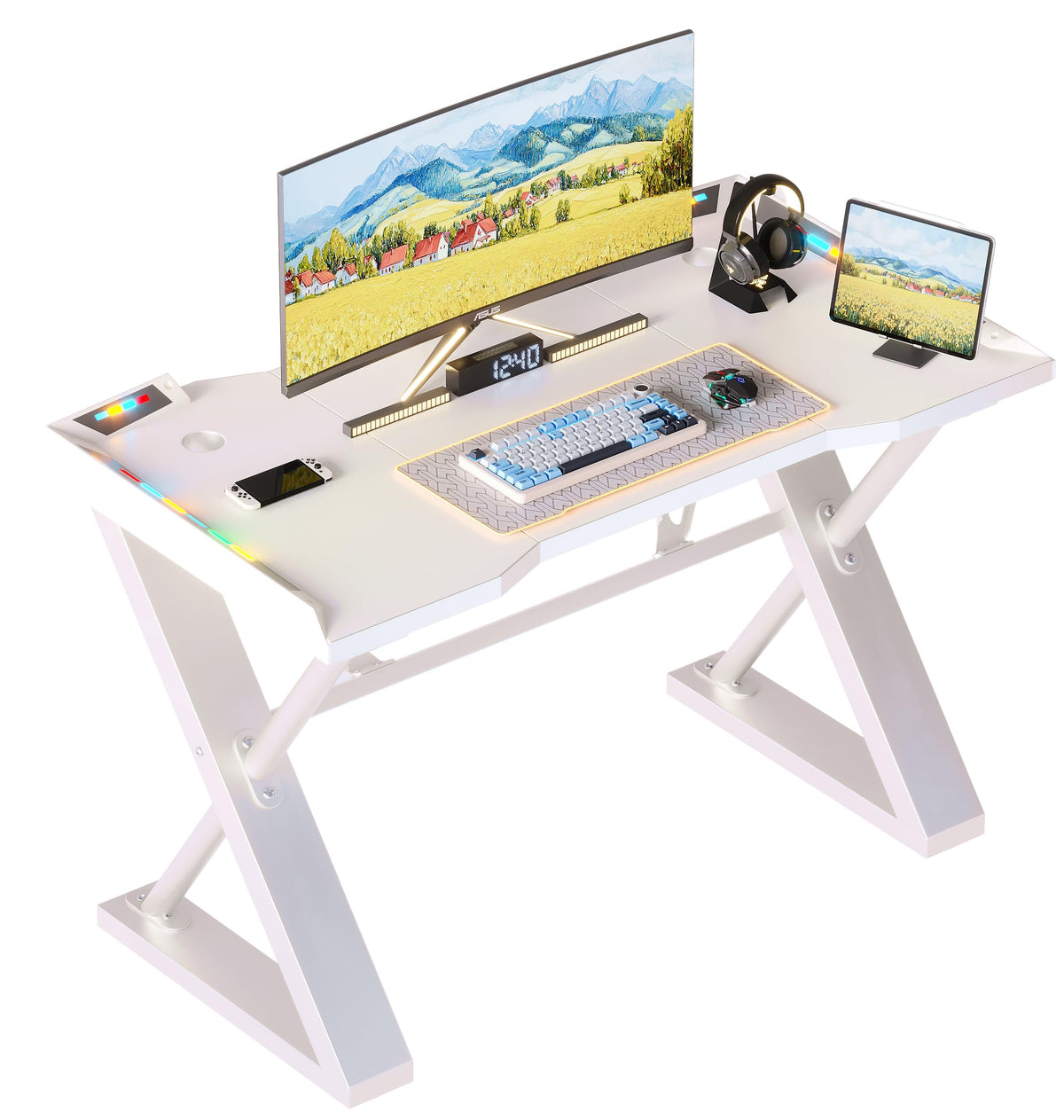 Xyphren 120 * 55 cm Gaming Desk with LED Lights, Gaming Table Thickened Z Shaped, Gamer Desk with Carbon Fiber Coated, Gaming PC Desk