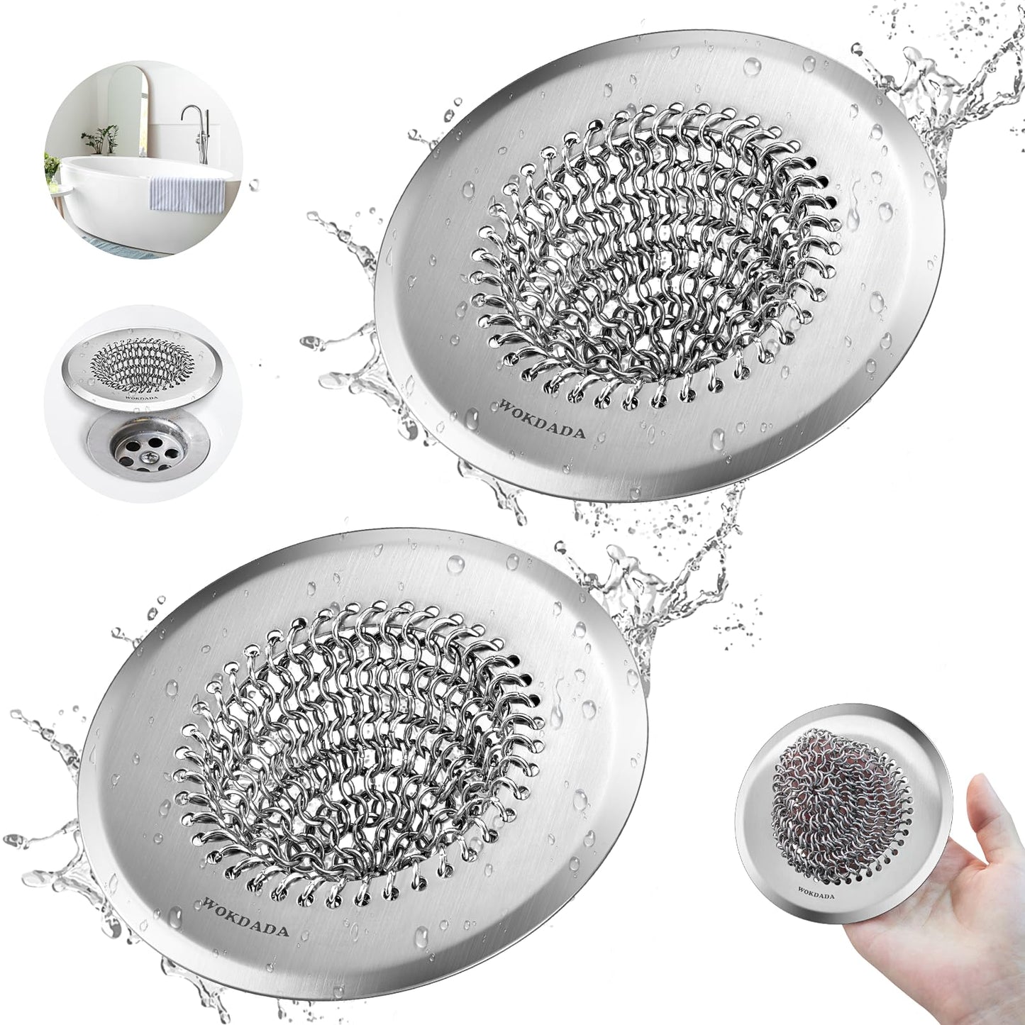 2 Pack WOKDADA Shower Drain Cover, Fast Drainage Hair Catcher for Shower Drain, Reversible 304 Stainless Steel Drain Protector, Fits Shower, Bathtub