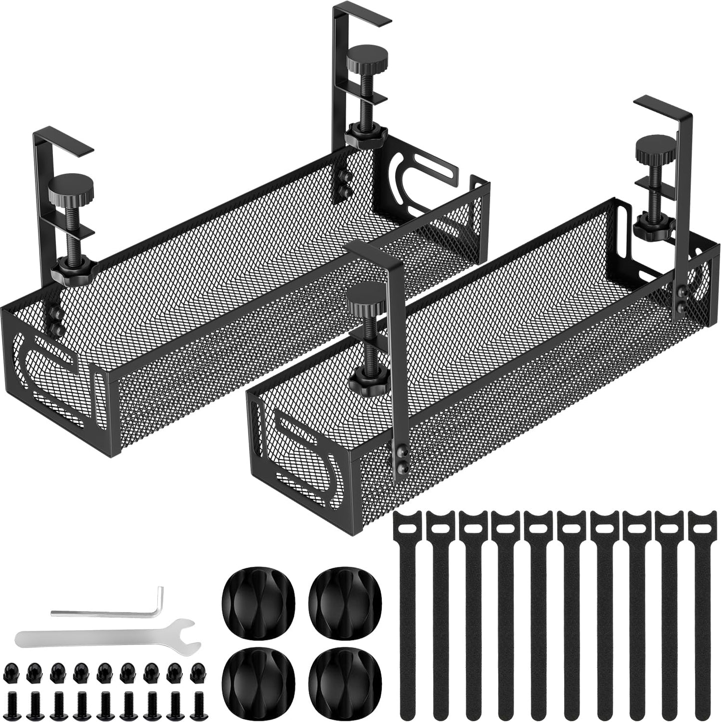 Tivddikun Cable Management, 2 Pack Under Desk Cable Management Tray No Drill, Metal Mesh Wire Organiser with Clamp for Standing Desk, Cable Organiser