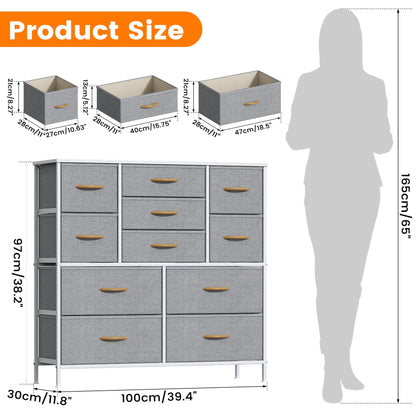Feonase Chest of Drawers, Bedroom Tall Dresser with 11 Fabric Drawers, Metal Frame & MDF Wood Top, Adjustable Feet