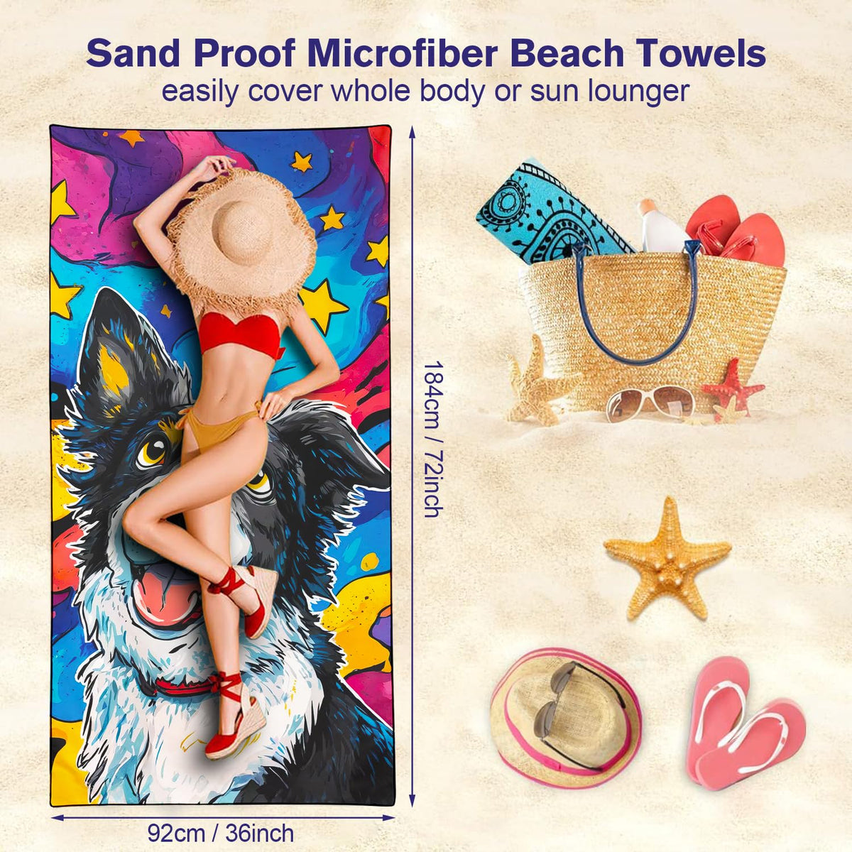 Violetpos Starry Border Collie Beach Towel for Dog Lovers, Extra Large 180x90 cm 250GSM Microfibre, Sand Free Quick Dry