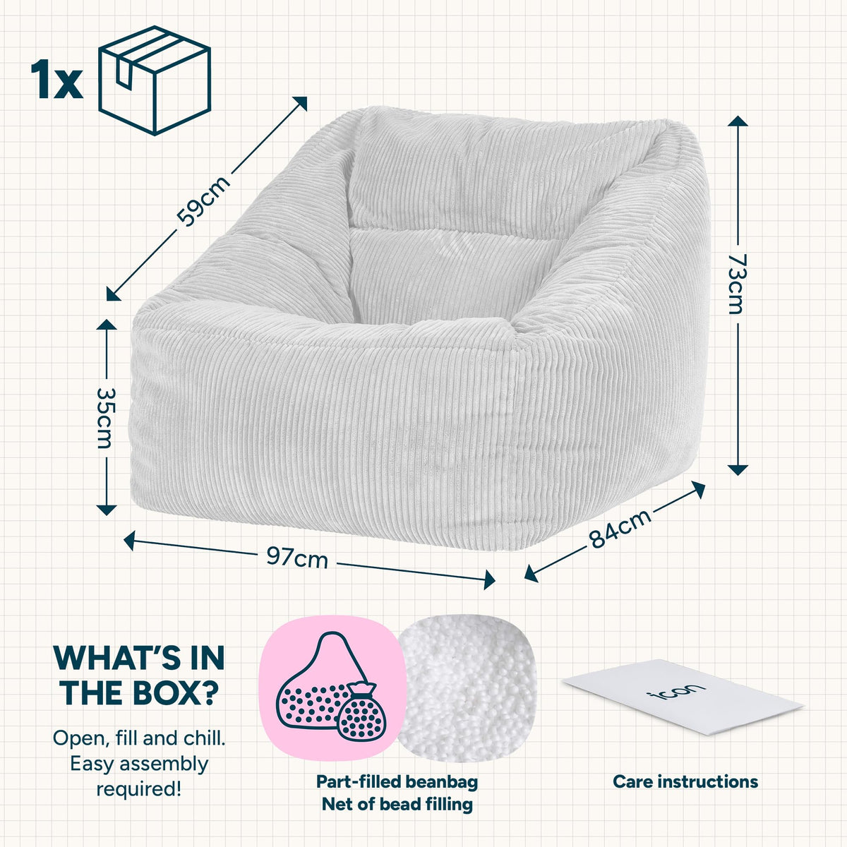 icon Natalia Cord Bean Bag Chair with Filling Included, Grey