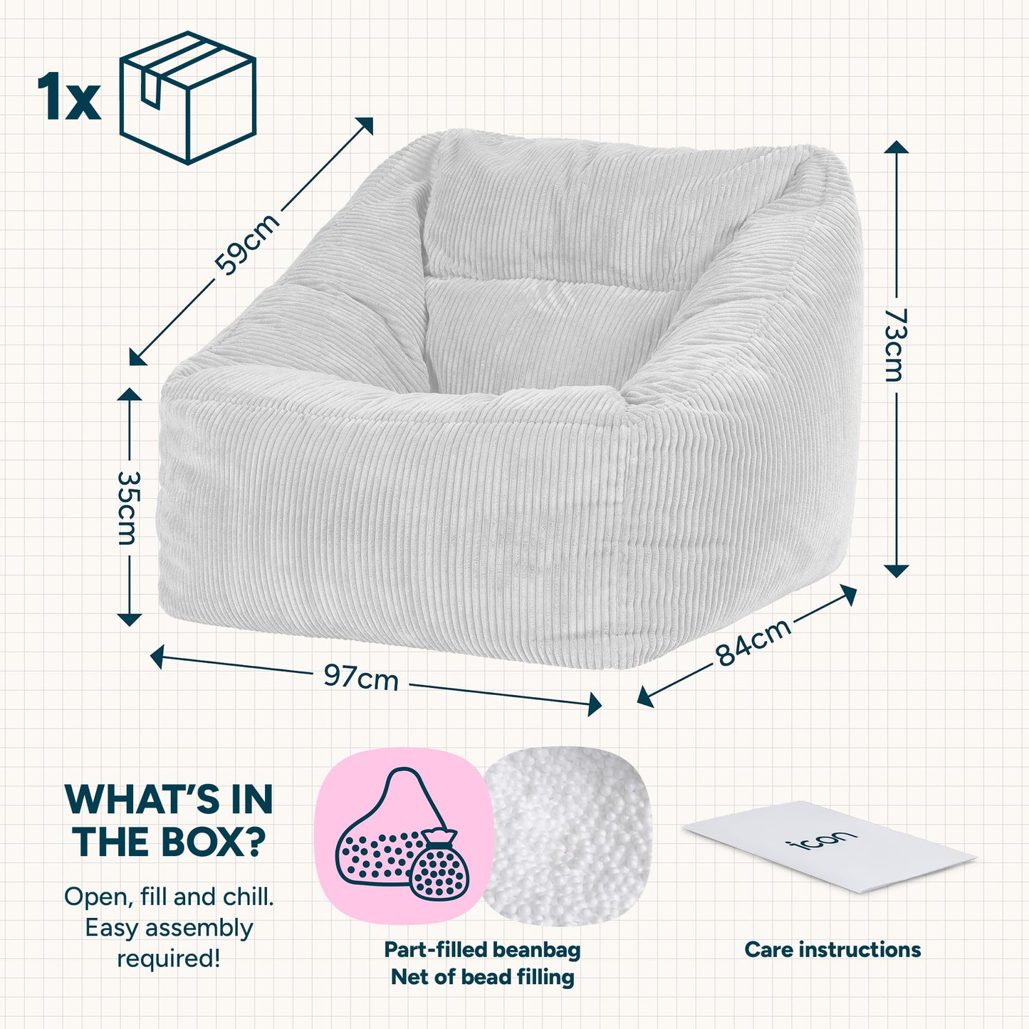 icon Natalia Cord Bean Bag Chair with Filling Included, Beige