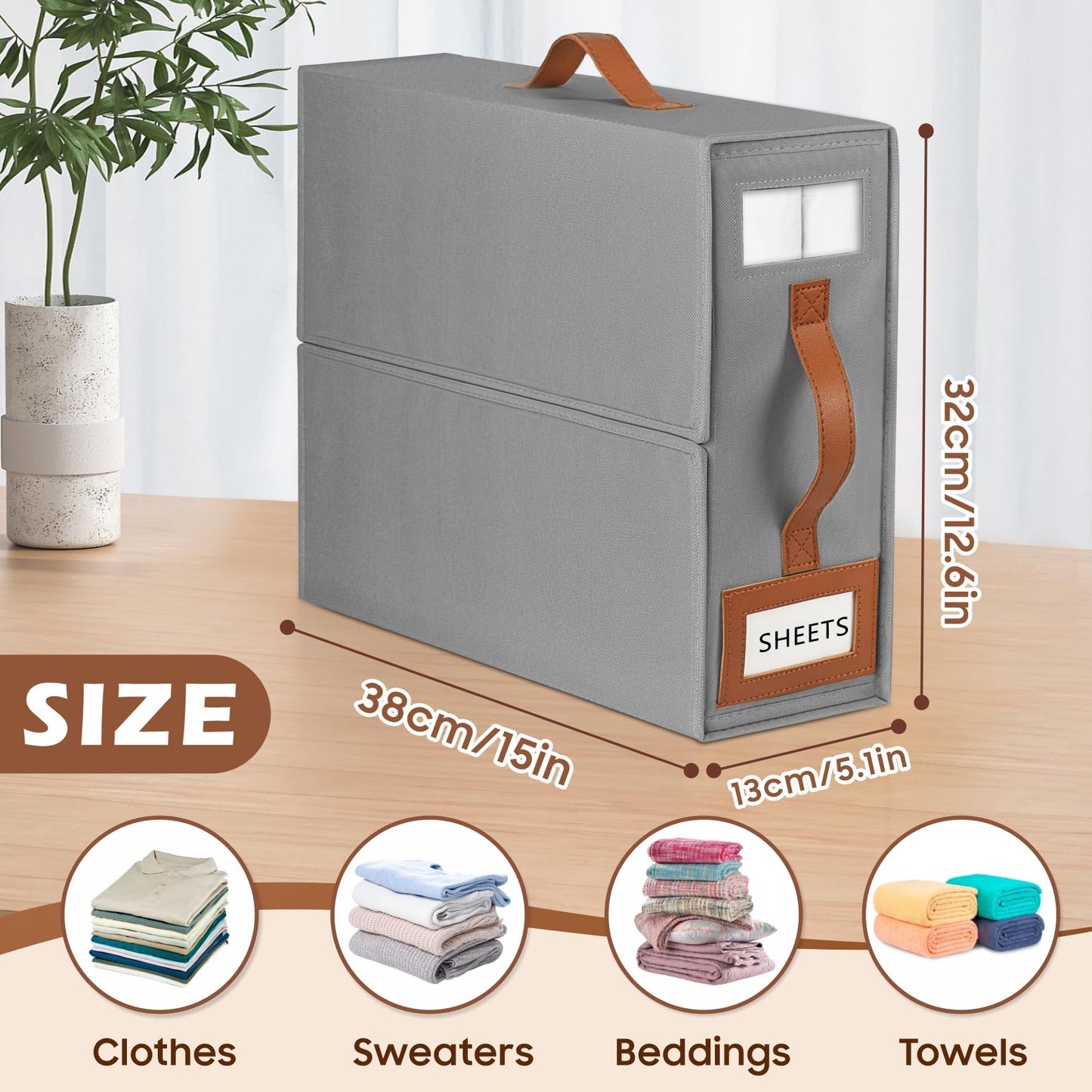 BOSNONA Bed Sheet Organiser 4 Pack Grey Bedding Storage Box Foldable King Size Bed Sheet Organiser Boxes with Zip for Bedsheets, Pillow Cases