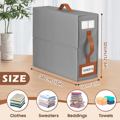 BOSNONA Bed Sheet Organiser 4 Pack Grey Bedding Storage Box Foldable King Size Bed Sheet Organiser Boxes with Zip for Bedsheets, Pillow Cases