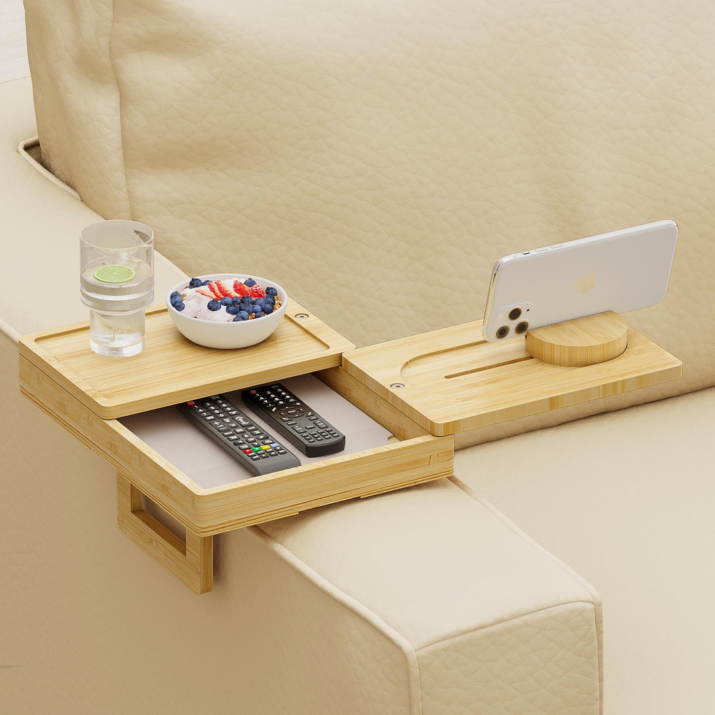 Wealone Bamboo Couch Arm Tray with 2 Rotatable Tray, Adjustable Sofa Arm Clip Table with Storage Box & 360° Phone Holder
