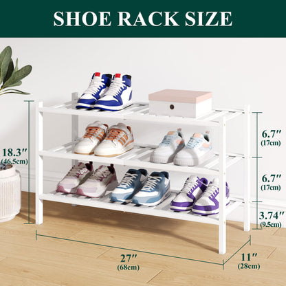 smiry Natural Bamboo Shoe Rack, 3 Tier Wooden Stackable Shoe Storage Organiser, Free Standing Shoes Storage Shelf for Entryway, Hallway, Small Spaces
