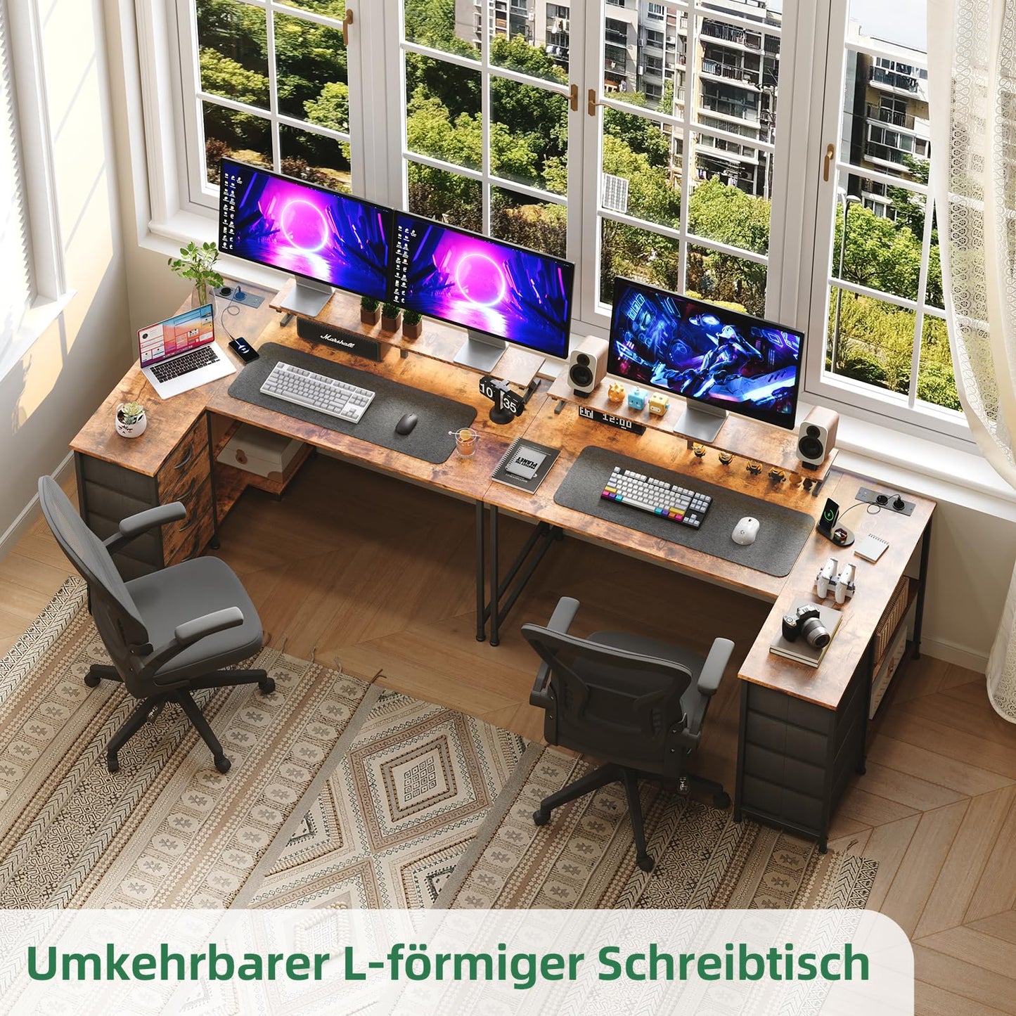 CAIYUN Corner Desk with 4 Fabric Drawers, 120 x 90 cm, L Shape Reversible Desk with USB Charging Port and Socket