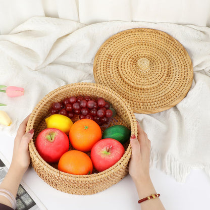 IGNPION Rattan Storage Basket with lid Table Decorative Wicker Storage Baskets for Shelf &Desktop Woven Kitchen Fruit Bread Basket Egg Holder