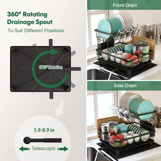 MAJALiS Dish Drainer Rack, 2 Tier Dish Drainer with Drip Tray and Drainer Mat, Stainless Steel Dish Rack with Utensil Holder, Swivel Spout, Draining