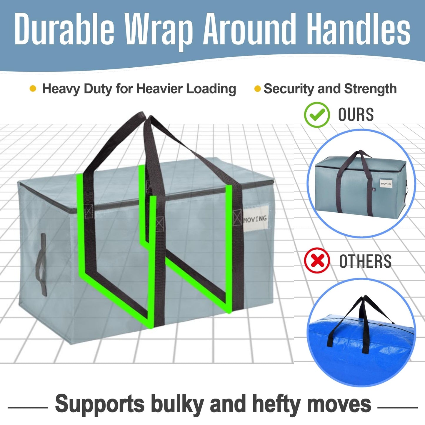 VENO 10 Pack Extra Large Moving Bags with Zippers & Carrying Handles, Heavy-Duty Storage Tote Moving Boxes for Space Saving (Light Blue-10 Pack)