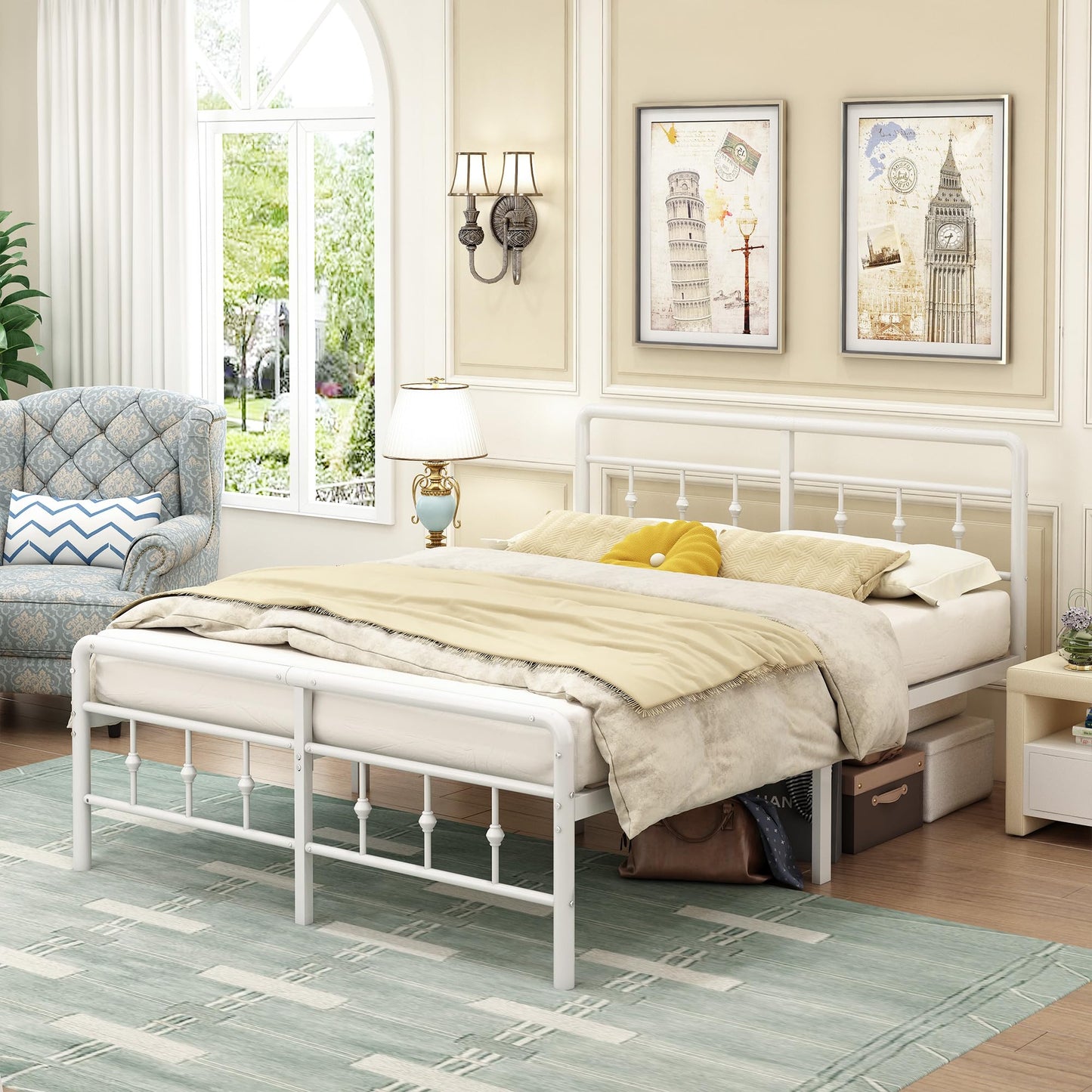 EMODA Super King Bed Frame with Victorian Headboard and Footboard, 36cm High Super King Size Bed Frame with Steel Slats Support, No Box Spring Needed,