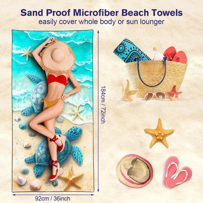 Violetpos Twin Sea Turtles & Shells Beach Towel, Extra Large 180x90 cm 250GSM Microfibre, Sand Free Quick Dry