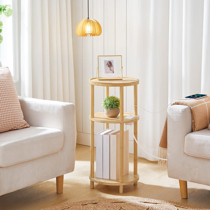 HOOBRO Round Side Table with Charging Station, 3-Tier Bamboo Small Sofa Table, Small Table Bedside Table with 1 AC, 1USB Port, 1 Type-C