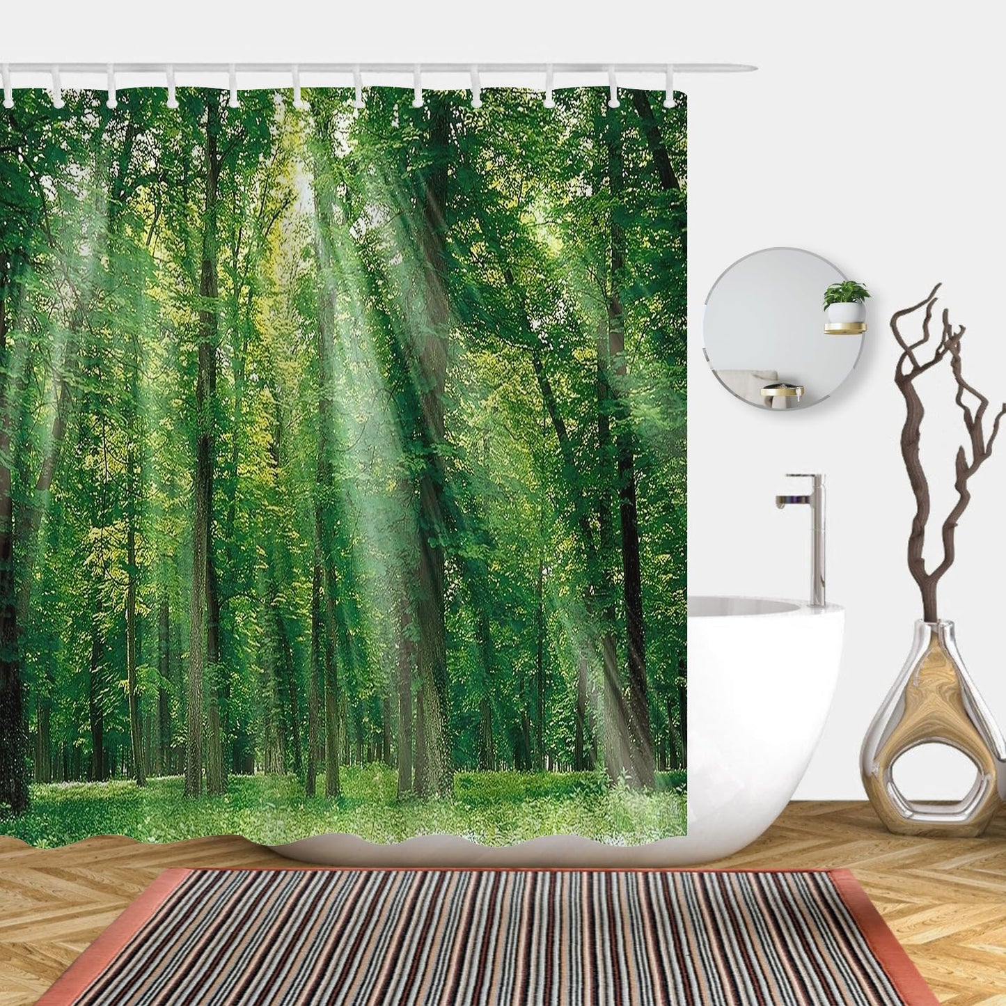 Simpomsy Green Forest Shower Curtain, Green Jungle Tall Trees Sunshine Shower Curtains, Nature Landscape 3D Scenery Bathroom Curtains