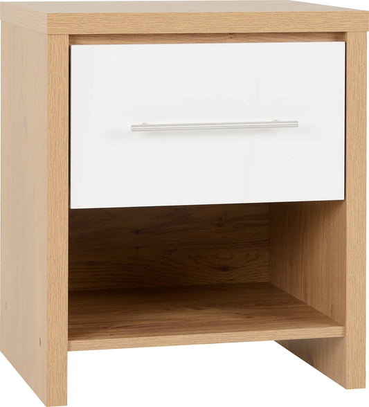 Seconique Seville 1 Drawer Bedside in White Gloss/Light Oak Effect Veneer