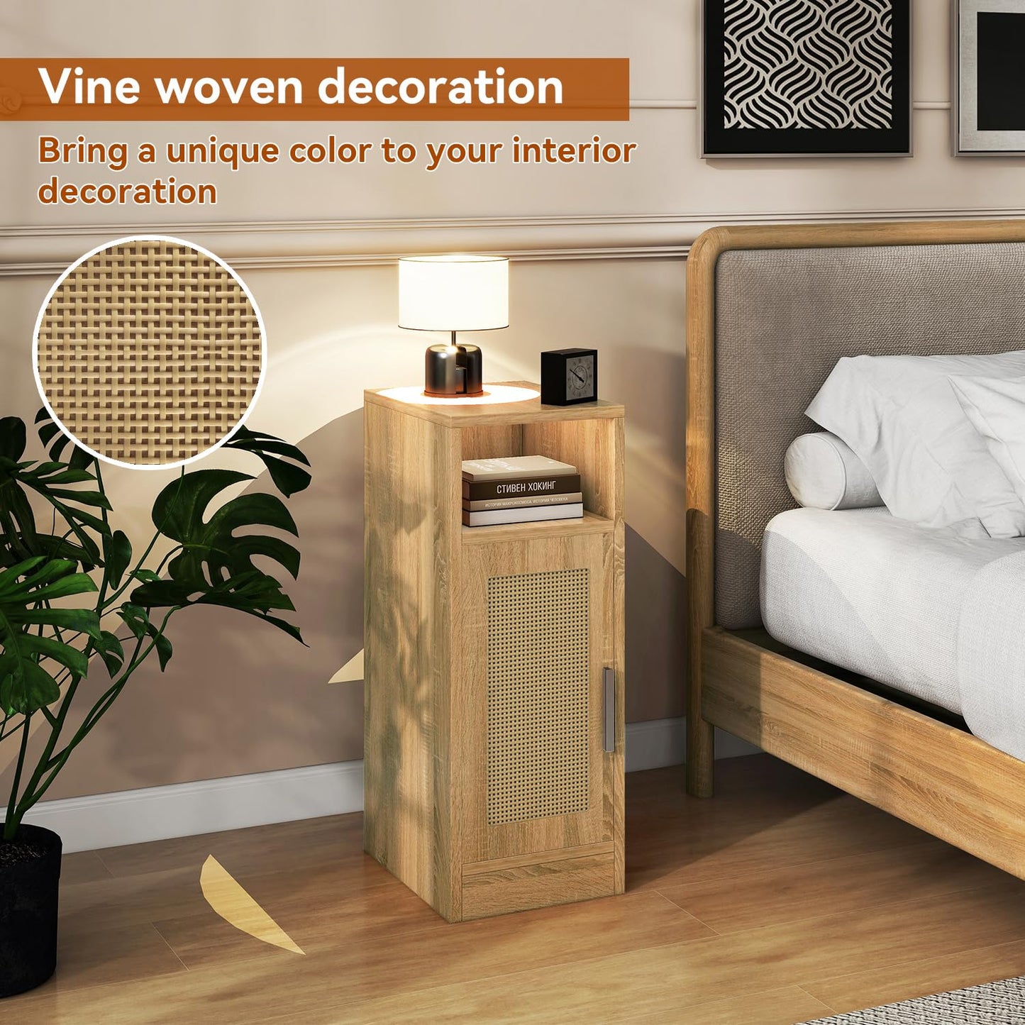 IBUYKE Slim Bedside Table Set of 2,Rattan Nightstand,Natural WNS012N-2