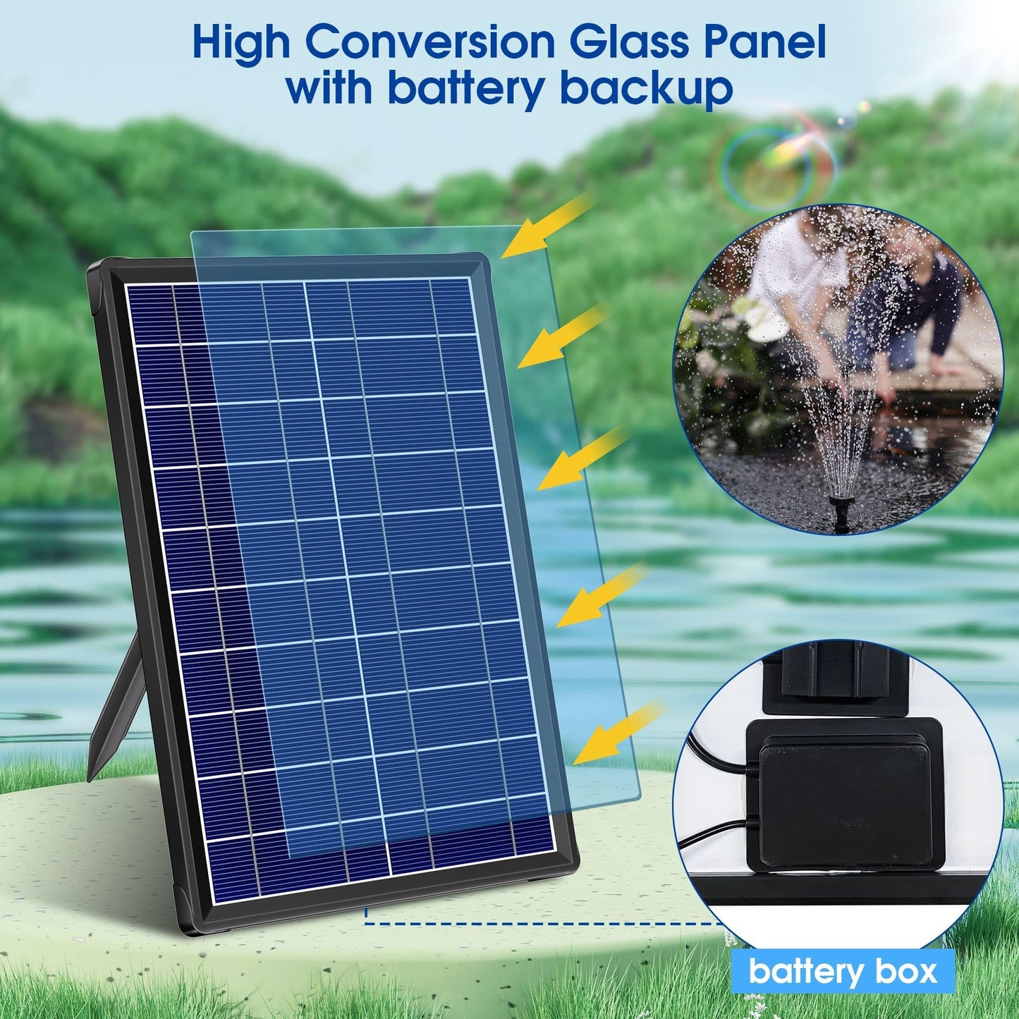 Billing Solar Water Pump with Battery Backup, 7.5W Solar Pond Fountain with 3600mAh Battery 10 Nozzles Solar Fountain with 5ft Tubing Water Features