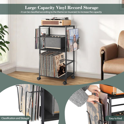 Bikoney Rolling Record Player Stand with Vinyl Storage for 150 Albums,Black