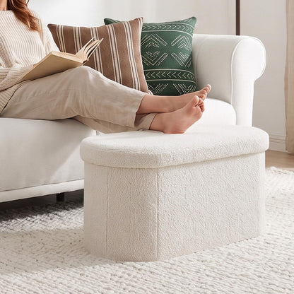 PINPLUS Oval Storage Bench Folding Ottoman Boucle Cream White, 76x38x38 cm