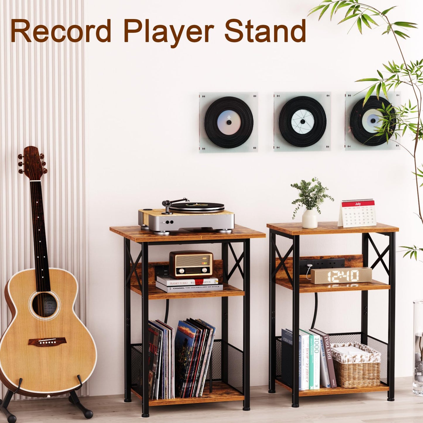 AMHANCIBLE Record Player Stand with Charging Station, Vinyl Record Storage