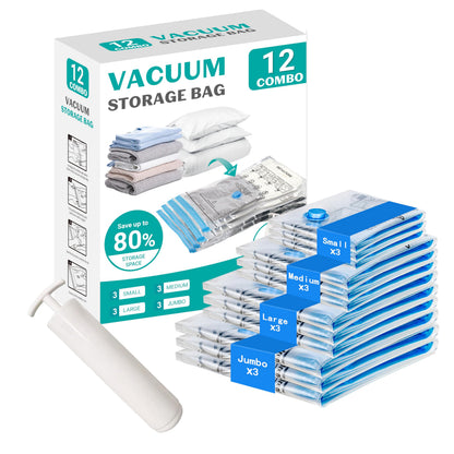 ZOESTORAGE Vacuum Storage Bags,12 Pack Vacuum Bags with Travel Hand Pump,Vacuum Pack Bags for Clothes,Blankets,Comforters,Pillows,Clothes Storage