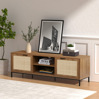 Yvsevnr TV Stand Cabinet TVs up to 65 Inches Wooden TV Console Unit with 2 Rattan Doors & Adjustable Shelves, Length 150 cm, Rustic