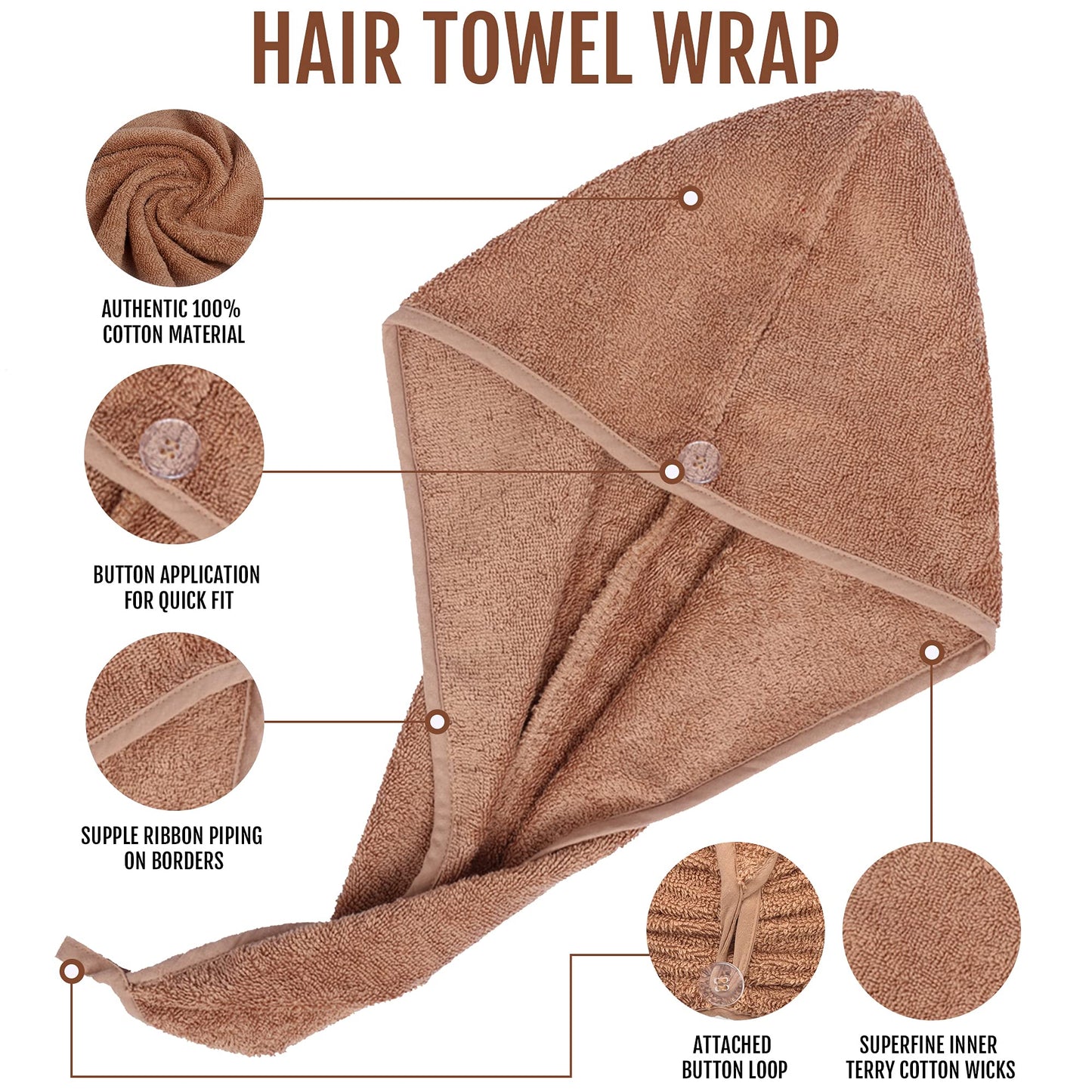 BAVIN LUXURY Hair Towel Wrap 100% Cotton, Instant Drying Lightweight Turban Cap Super Quick Absorbent Anti-Frizz Twist Toweling Dry Hat with Button