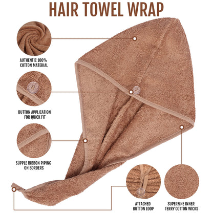 BAVIN LUXURY Hair Towel Wrap 100% Cotton, Instant Drying Lightweight Turban Cap Super Quick Absorbent Anti-Frizz Twist Toweling Dry Hat with Button