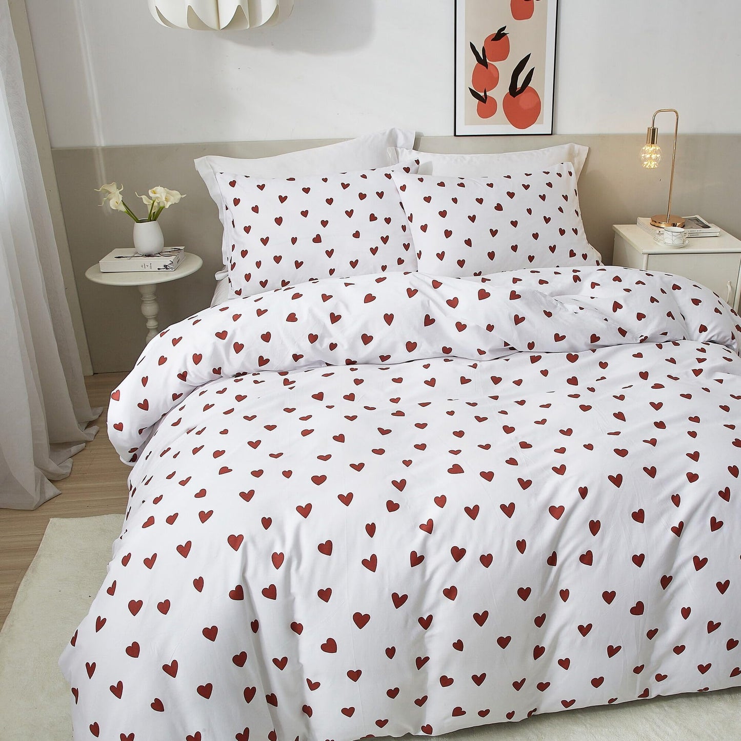 Ruccit Red Heart Print King Size Duvet Cover Sets 100% Cotton Love Heart Duvet Cover White Pattern 3pcs Modern Bedding Set with Zipper Closure Corner