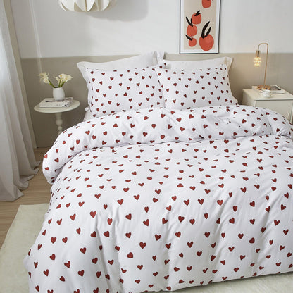 Ruccit Red Heart Print King Size Duvet Cover Sets 100% Cotton Love Heart Duvet Cover White Pattern 3pcs Modern Bedding Set with Zipper Closure Corner