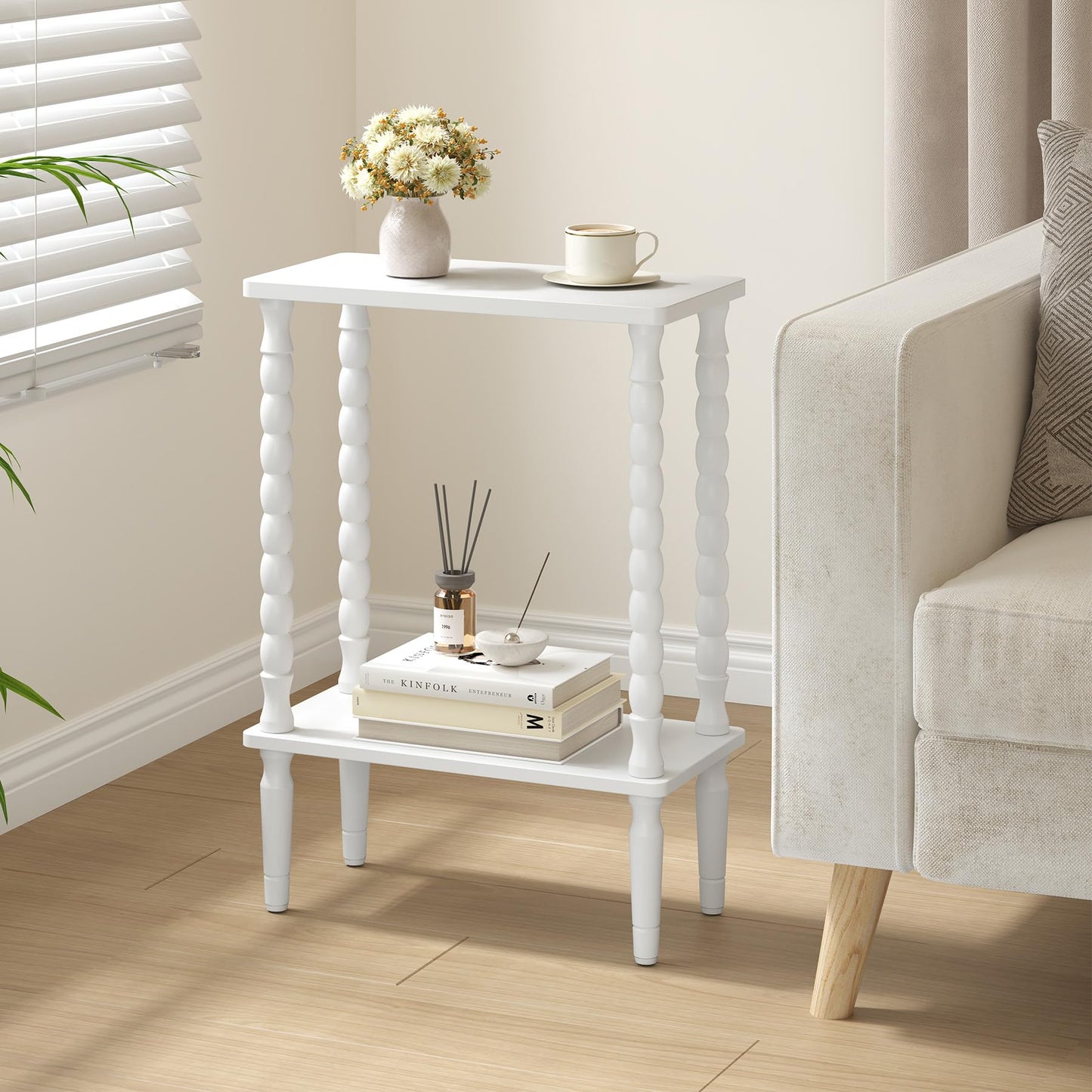 TUTOTAK Narrow Side Table, 2-Tier Small End Table with Storage, Slim Skinny Nightstand for Small Spaces, Living Room, Bedrooms, White TB01BW001EU