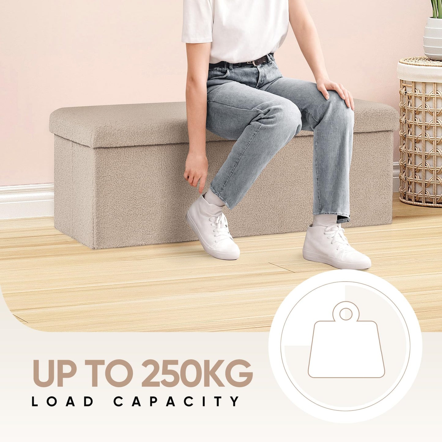 Bonlife Ottoman Storage Bench,Folding Boucle Footstool for Living Room,End of Bed Bench,Sherpa Foot Rest,140L Storage Space,Beige,110x38x38cm