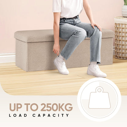Bonlife Ottoman Storage Bench,Folding Boucle Footstool for Living Room,End of Bed Bench,Sherpa Foot Rest,140L Storage Space,Beige,110x38x38cm