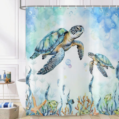 Hnmdmyi Sea Turtle Shower Curtain 180x200, Teal Ocean Underwater Tropical Fishes Starfish Seahorse Coral Bathroom Curtains Waterproof Polyester