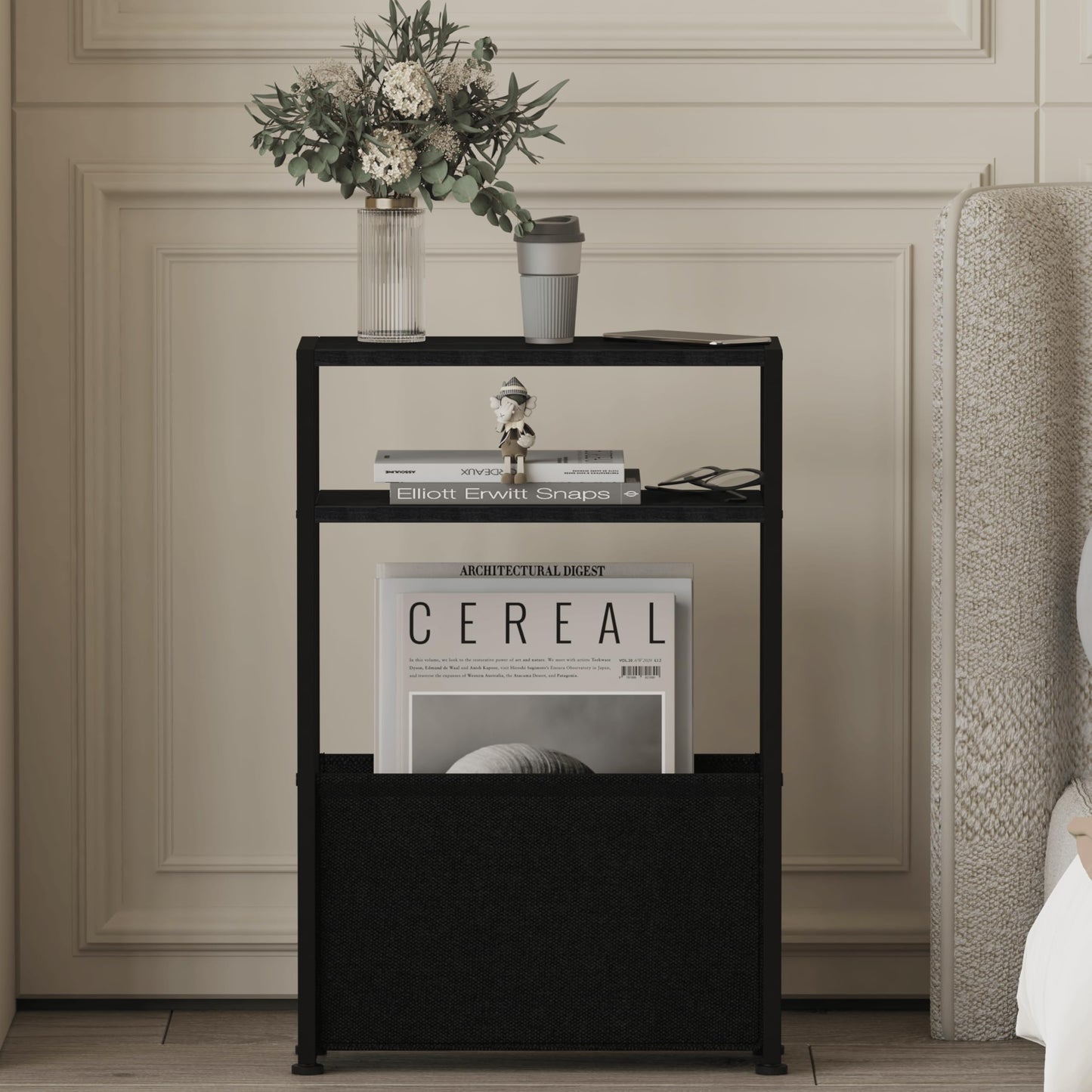 JERX Narrow Side Table with Fabric Basket, End Table for Small Spaces, Slim Side Table with Magazine Rack for Living Room Office Bedroom and Bathroom
