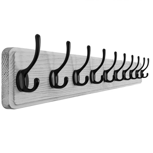 SKOLOO Farmhouse Style Wall Mounted Coat Rack, Wood Coat Hook Hanger - 10 Hooks for Hanging Clothes Robes Towels Coats