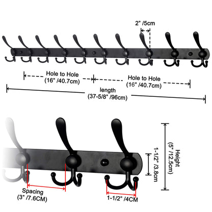 Dseap Wall Mounted Coat Rack - 96cm Long 10 Tri Hooks, Heavy Duty Stainless Steel Metal Coat Hanger Rail Wall Hooks for Coats Hats Clothing Clothes