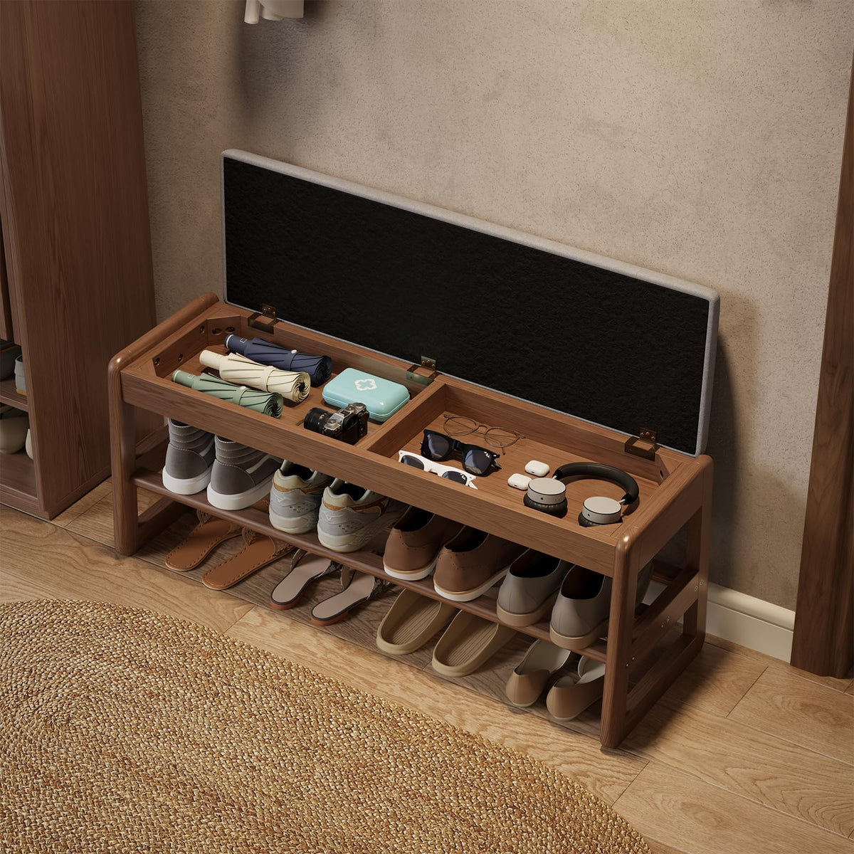 AQIMUELE Small Shoe Bench with Cushion, Shoe Bench Storage with Seat, Wooden Shoe Rack 2-Tier, Hidden Flip-Top Seat, for Hallway, Entryway