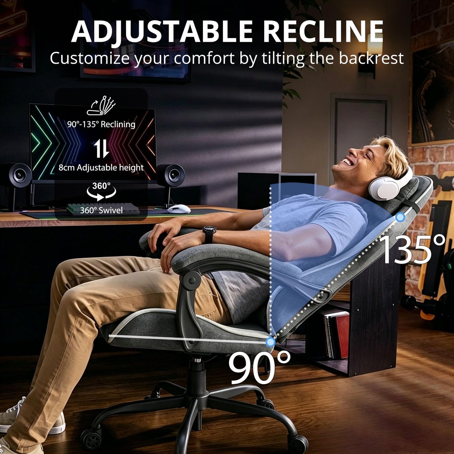 WUPY Ergonomic Gaming Chair, 135° Recline Fabric Office Chair, Black Grey