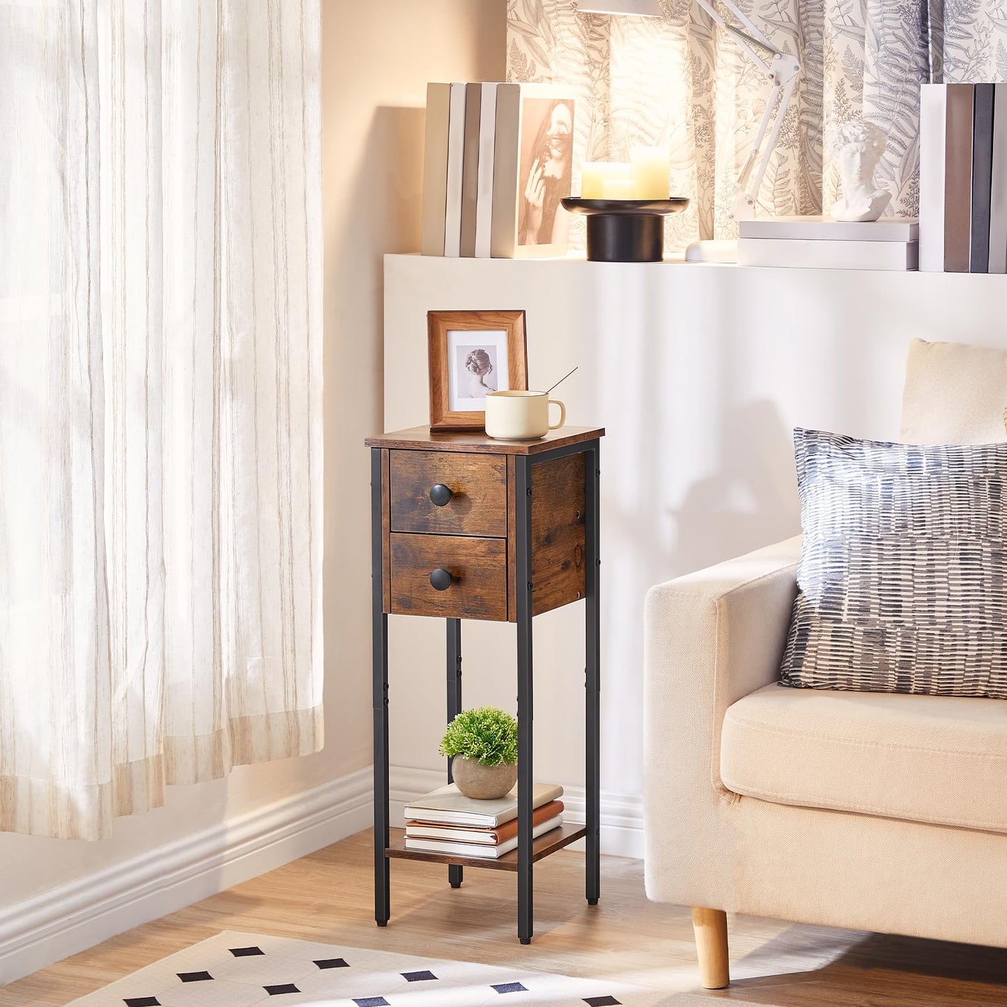 HOOBRO Narrow Bedside Table Set of 2, Slim Bedside Table, Telephone Table with 2 Drawers, Tall Side Table with Metal Frame, Small Nightstand with Open