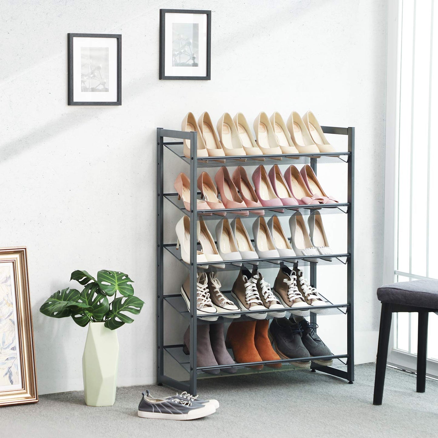 SONGMICS Shoe Rack, 5-Tier Stackable Shoe Storage Shelf, Metal Shoe Organiser with Adjustable Flat or Angled Shelves, 30.5 x 74 x 103.8 cm, Holds