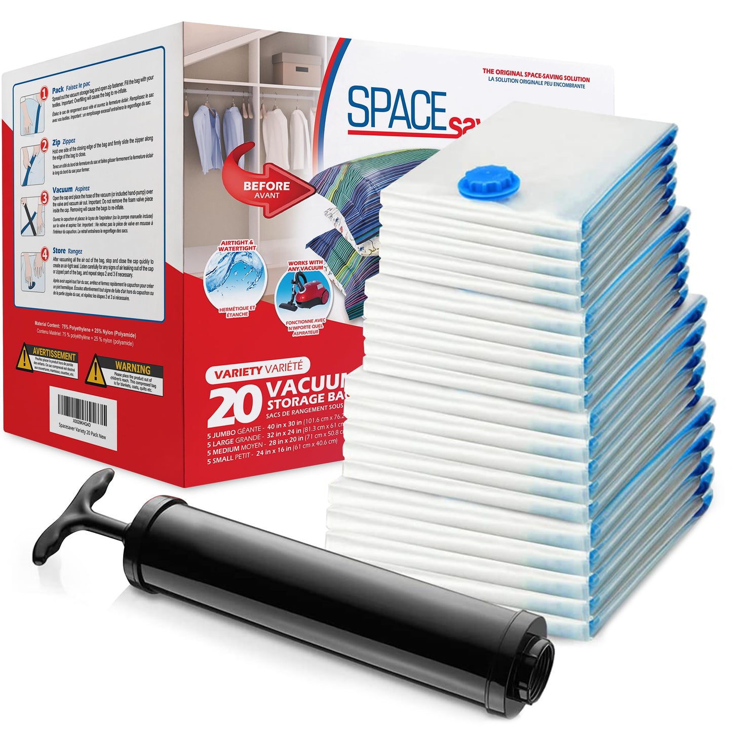 Spacesaver Vacuum Storage Bags - Vacuum Seal Bags for Clothing, Comforters, etc - Compression Seal for Closet Storage. Pump for Travel