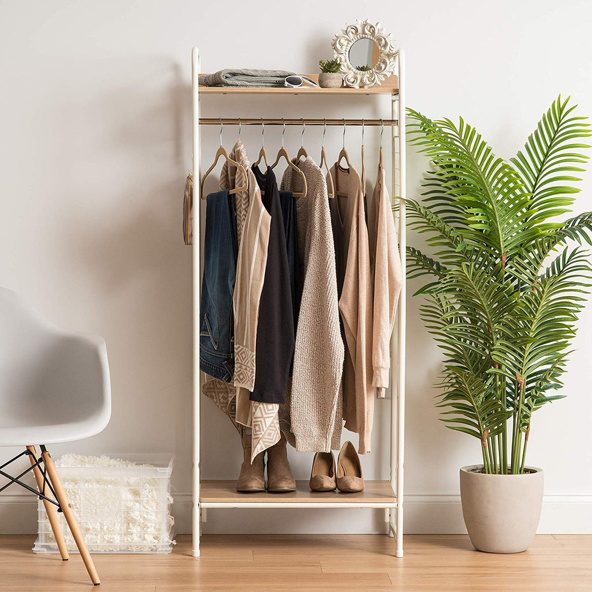 Amazon Brand- Movian Clothes MDF metal garement accessories support-Garment Rack PI-B4-light oak and white, 64 x 40 x 150 cm