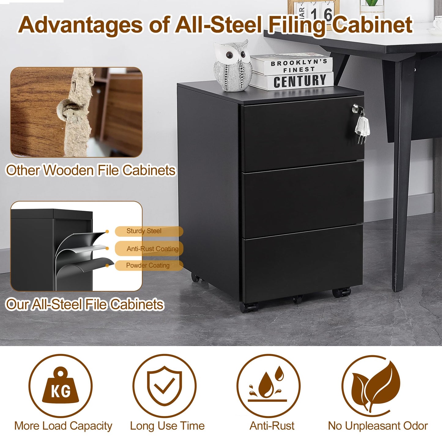 HOMSTEEL Mobile File Ccabinet, Filing Cabinet with 1 Lock, 4 Keys, 3 Drawers, Metal Cabinet, Pre-assembled, for Office, Home Office, Black
