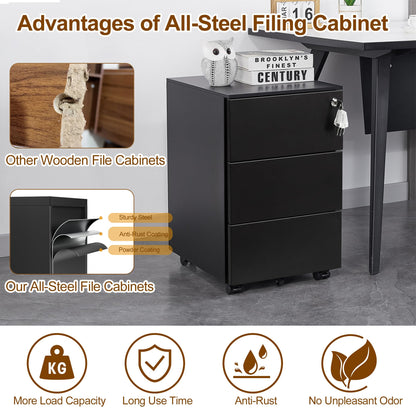 HOMSTEEL Mobile File Ccabinet, Filing Cabinet with 1 Lock, 4 Keys, 3 Drawers, Metal Cabinet, Pre-assembled, for Office, Home Office, Black