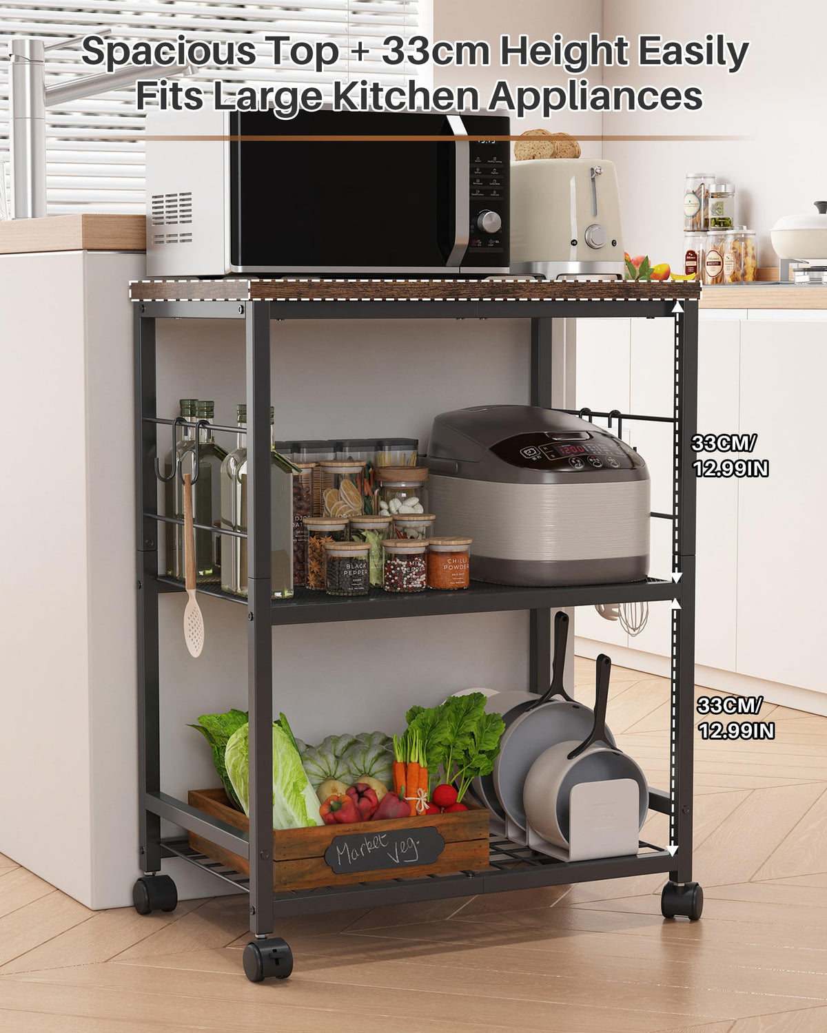 Ornestia 3 Tier Kitchen Trolley With Small Island for Storage(Black)
