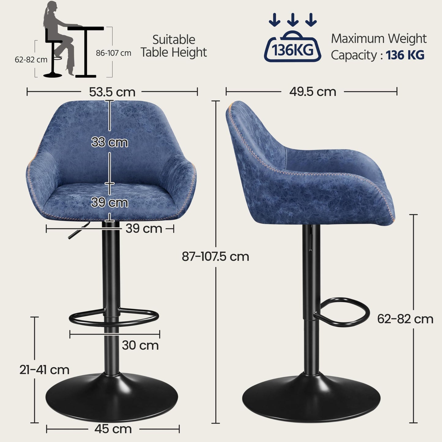 Yaheetech PU Leather Adjustable Swivel Bar Stools Set of 2, Blue